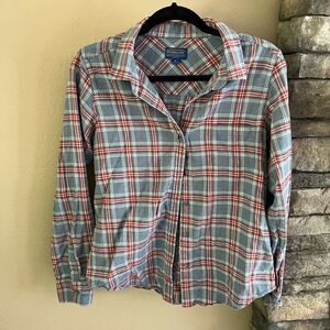 Pendleton plaid button down shirt, red, white, blue. 100% cotton. Soft fabric.